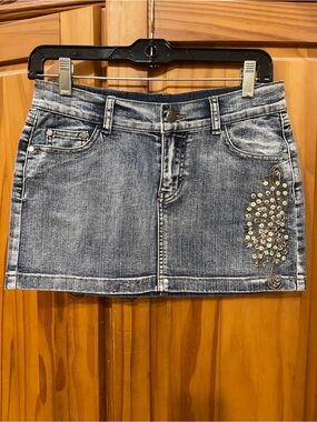RARE VINTAGE 2001! Sequin Studded Washed Blue Denim Mini Skirt
